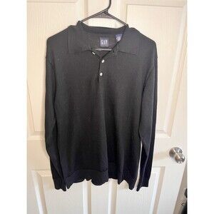 Gap 100% Merino Wool Mens Large Tall Black Long Sleeve Three Button Polo